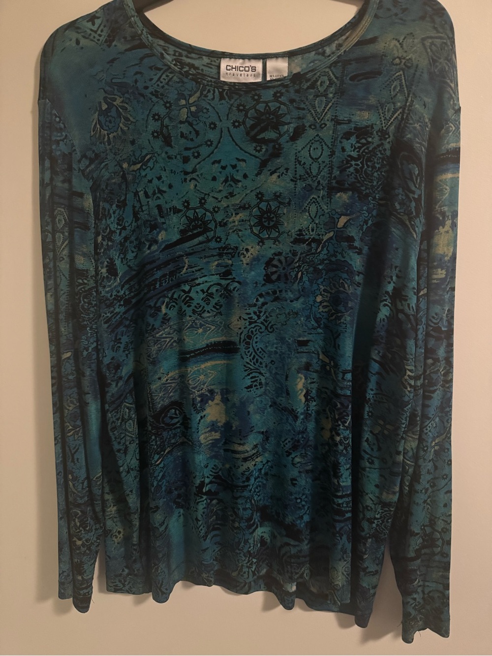 Chico's Travelers Teal & Black Printed Long-Sleeve Shirt. SZ 3